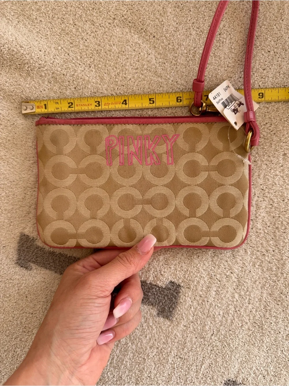 Coach Pink and Tan Signature Canvas Wristlet with Character Appliqués